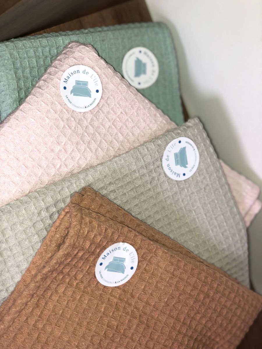 Serviettes en nid d'abeille vert, rose, sable et terracotta, linge de bain Maison de l'île
